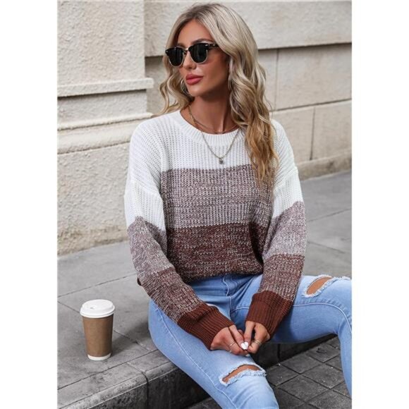 Women's Striped Color Block Sweater Long Sleeve Crewneck Casual Loose Fit Soft - Picture 4 of 6